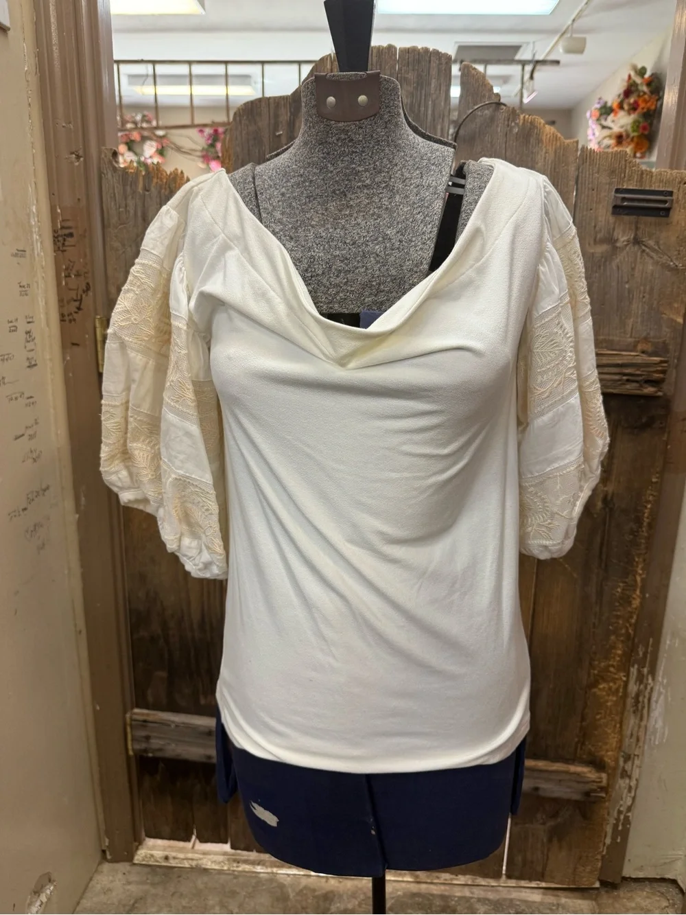Free People Cream Lace Puff Sleeve Cowl Neck Top